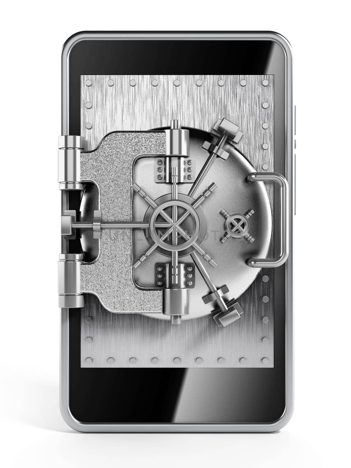 Silver vaulted safety door on smartphone screen isolated on white background.