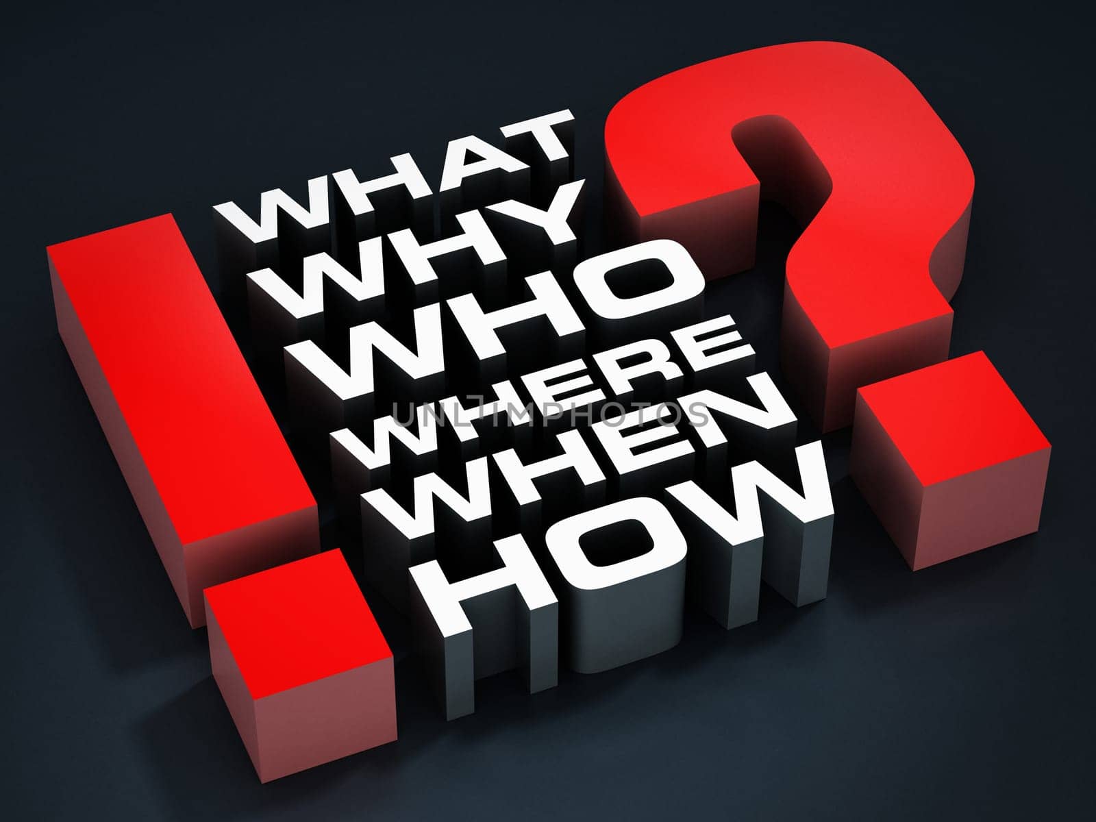 Question words, question and exclamation marks on black background