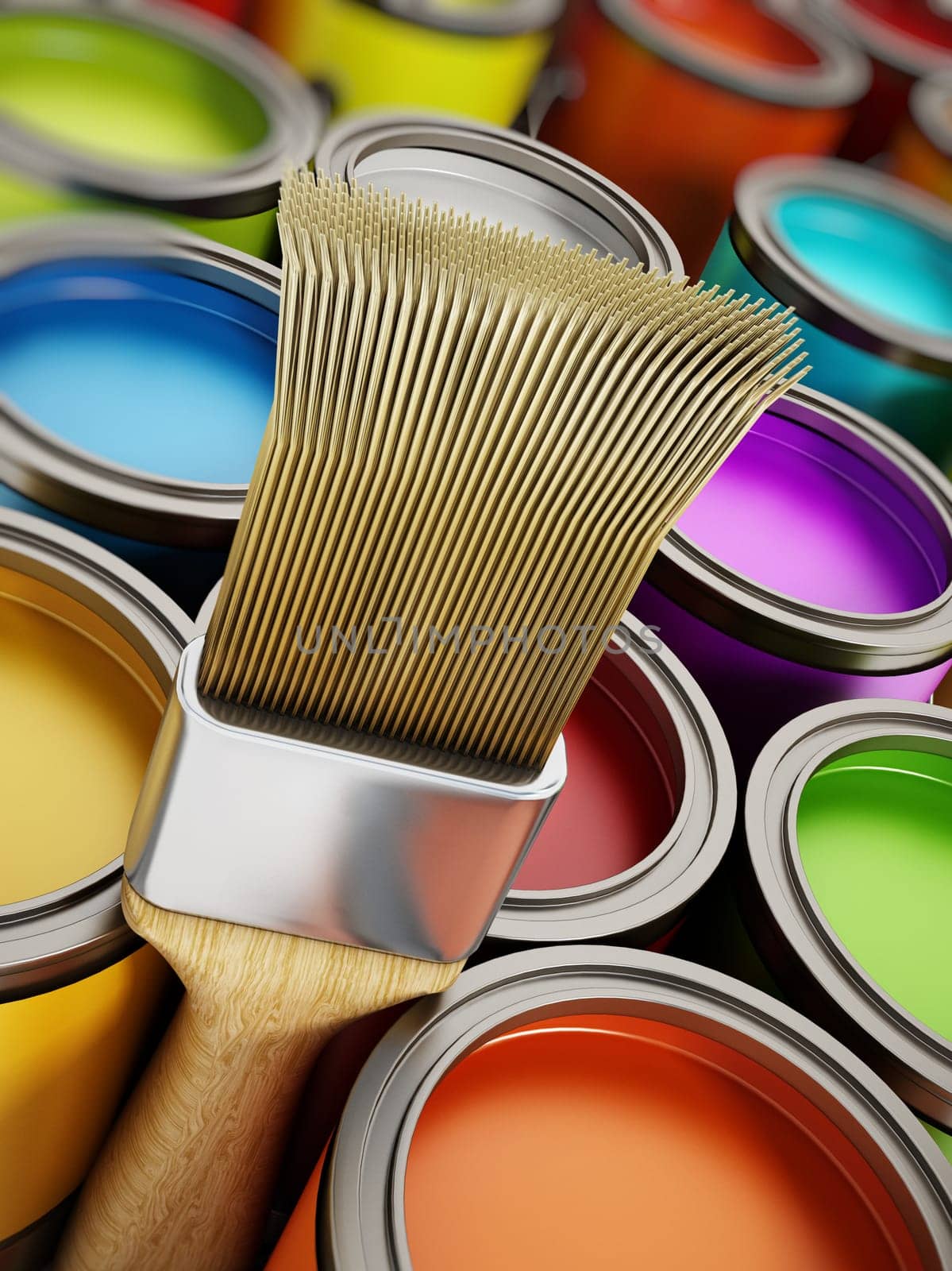 Paintbrush and multicolored paint cans.