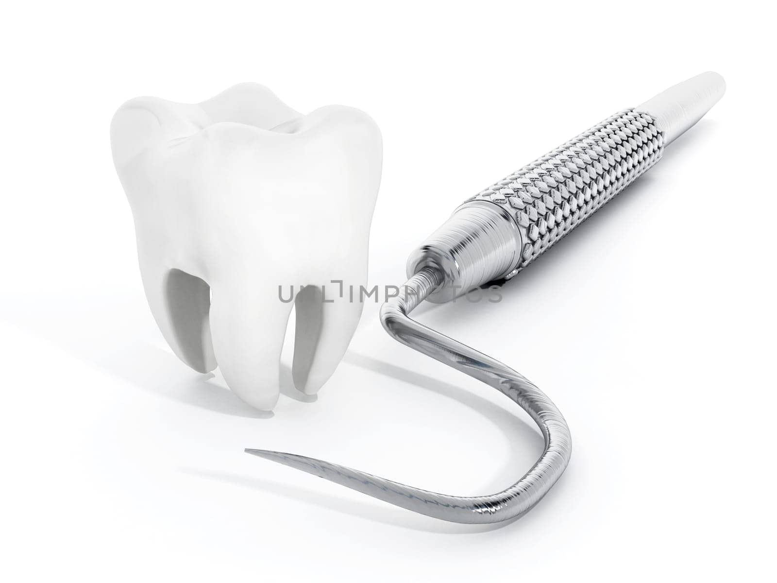 Dentist tool and tooth isolated on white background.