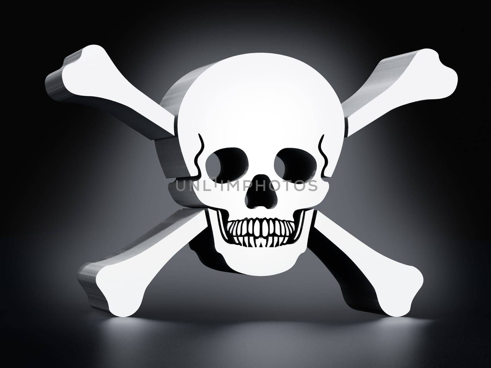 White skull and bones on black background