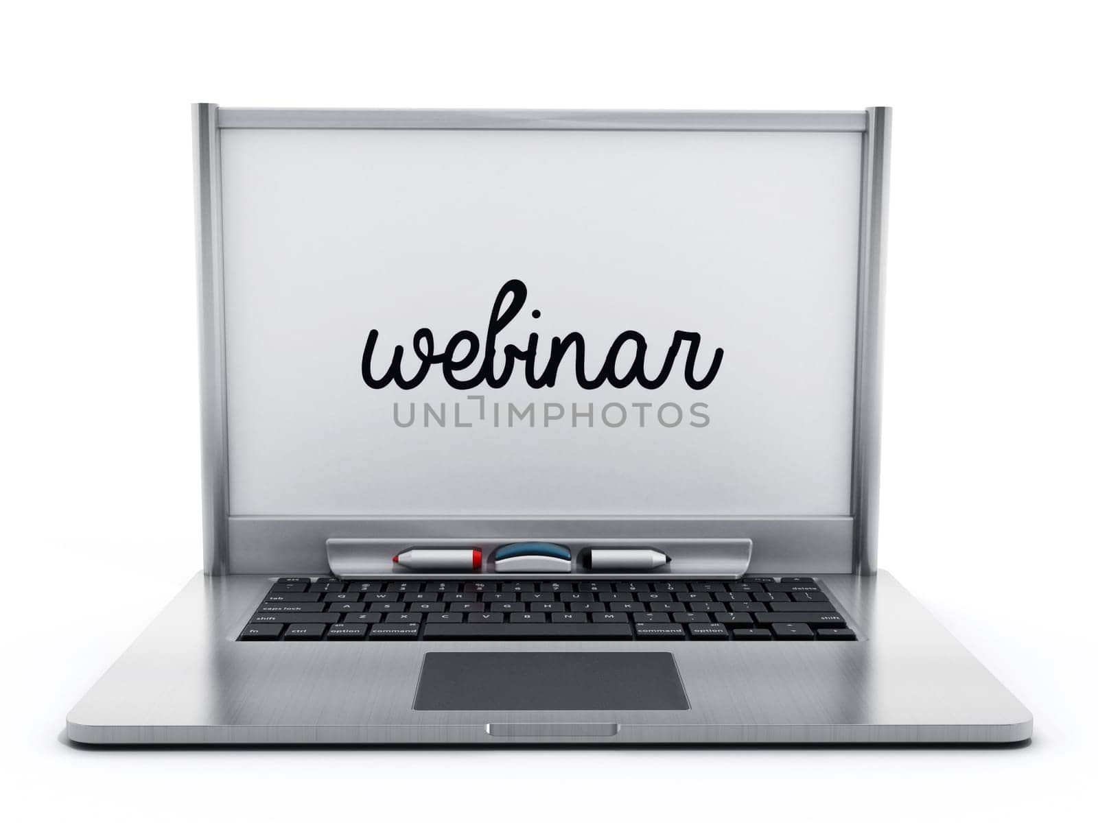 Laptop computer with white board with the word webinar isolated on white background