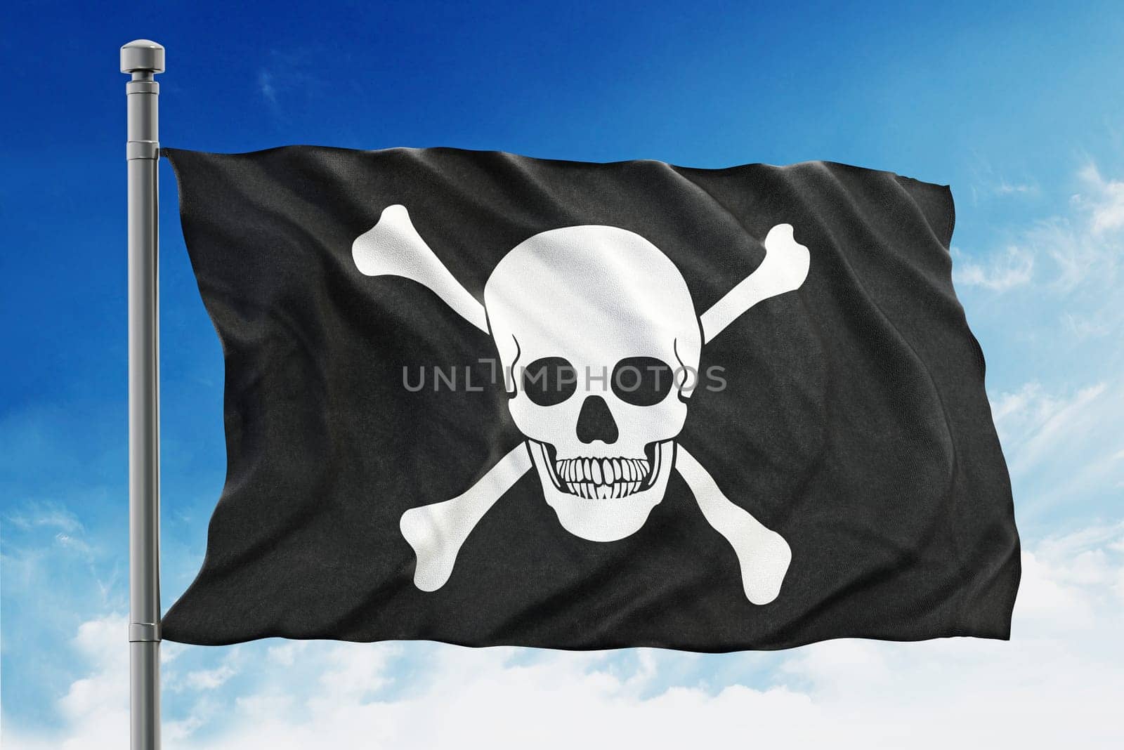 Pirate flag waving on blue background.