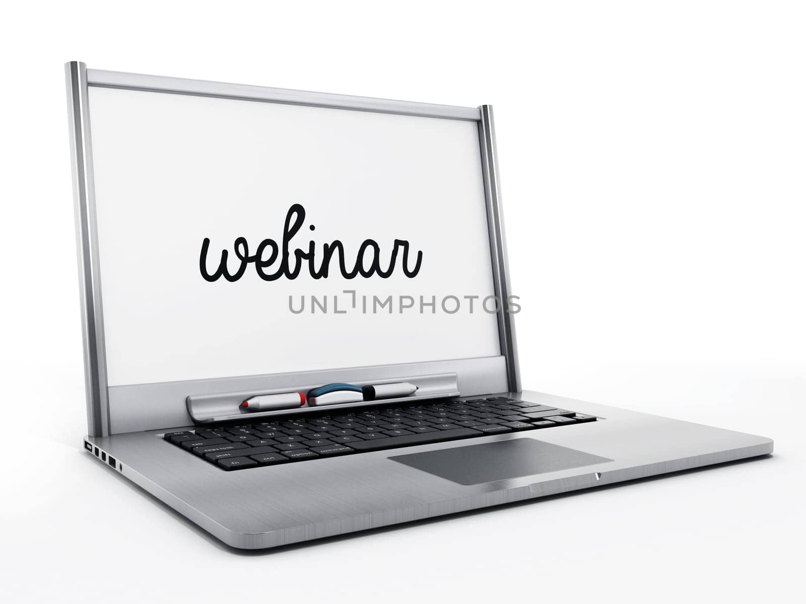 Laptop computer with white board with the word webinar isolated on white background