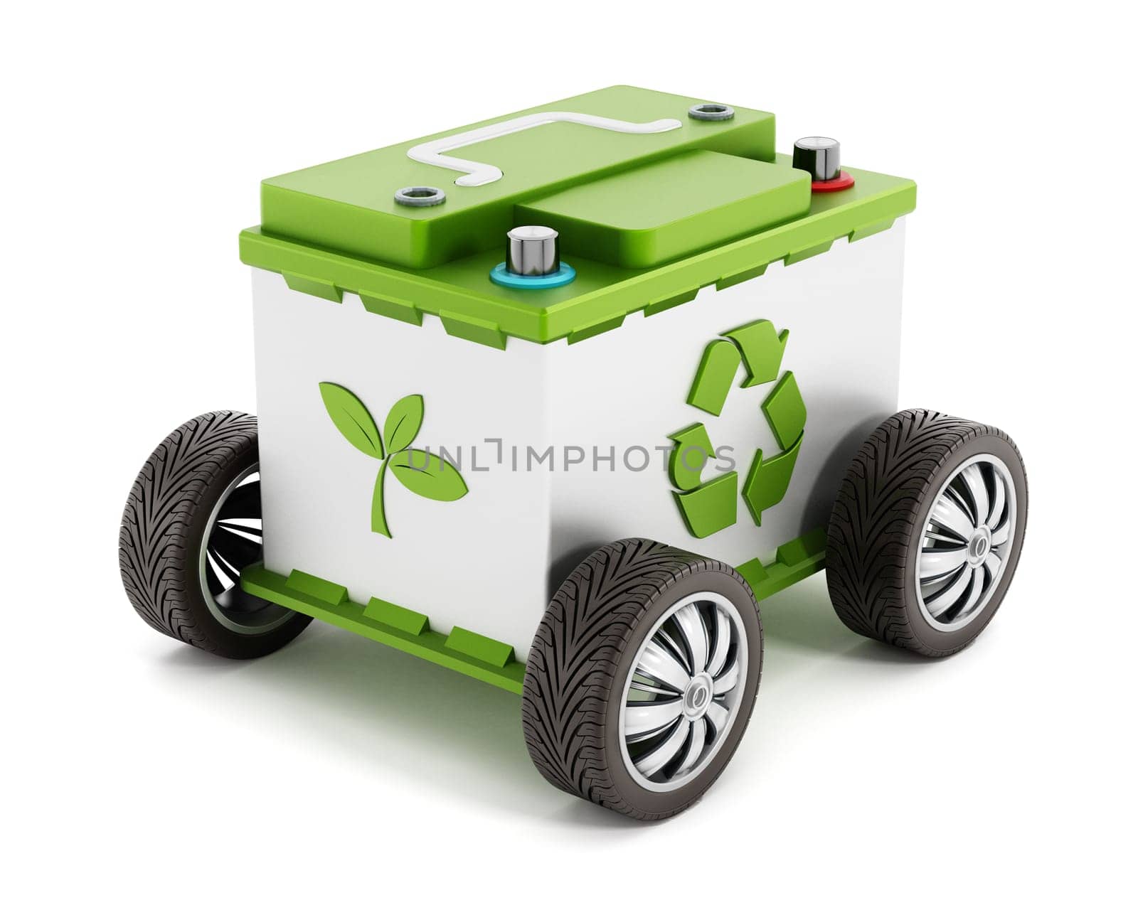 Recyclable car battery with tyres isolated on white background