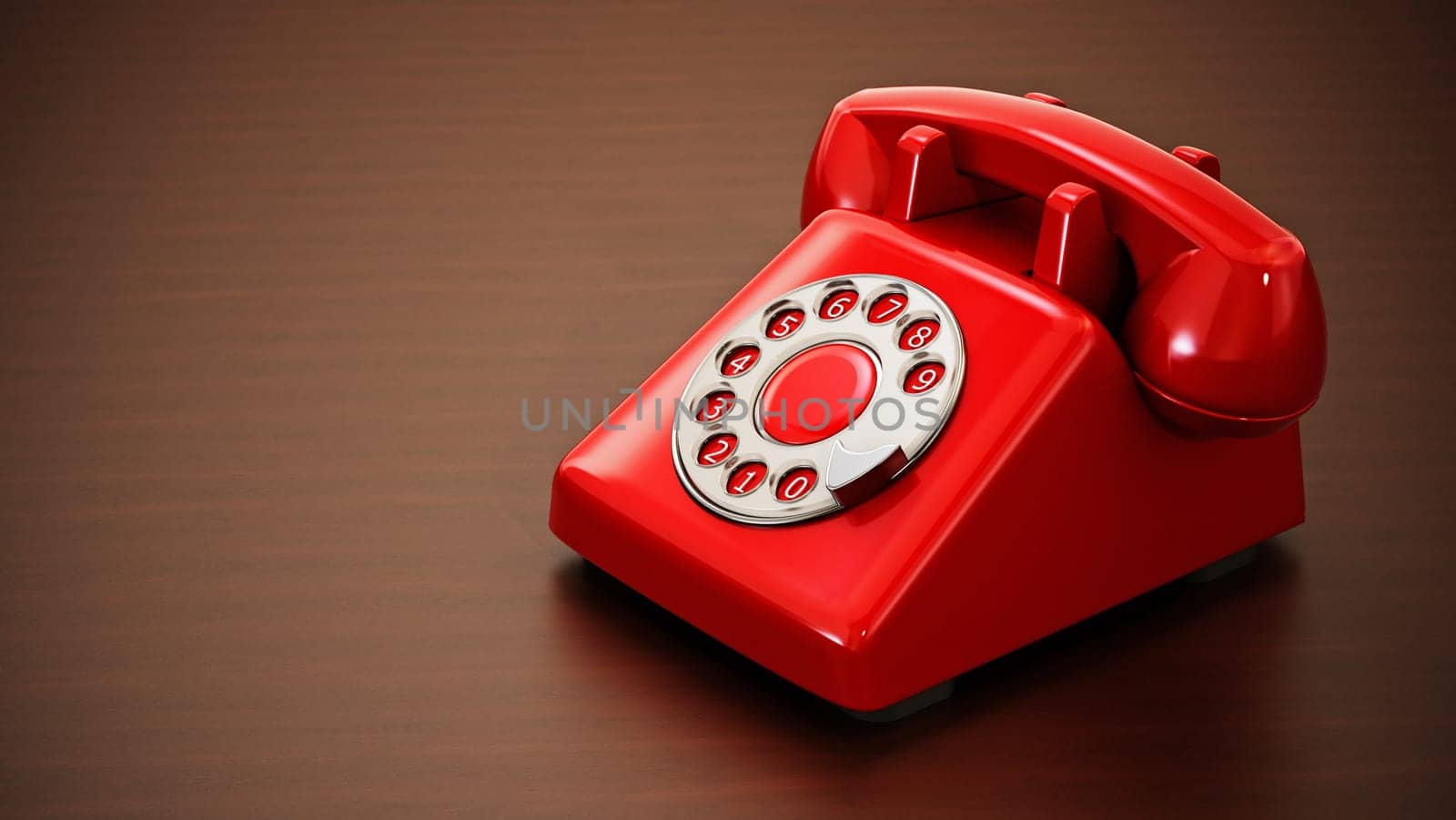 Red retro rotary phone on wood background.. 3D illustration.