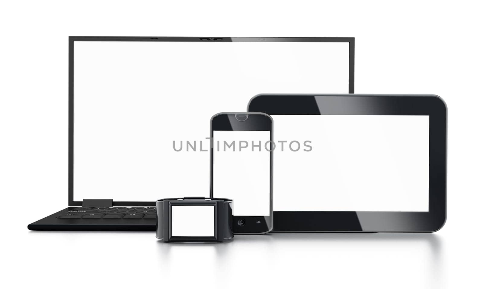 Notebook, tablet computers, smartphone and smartwatch with blank screen isolated on white background