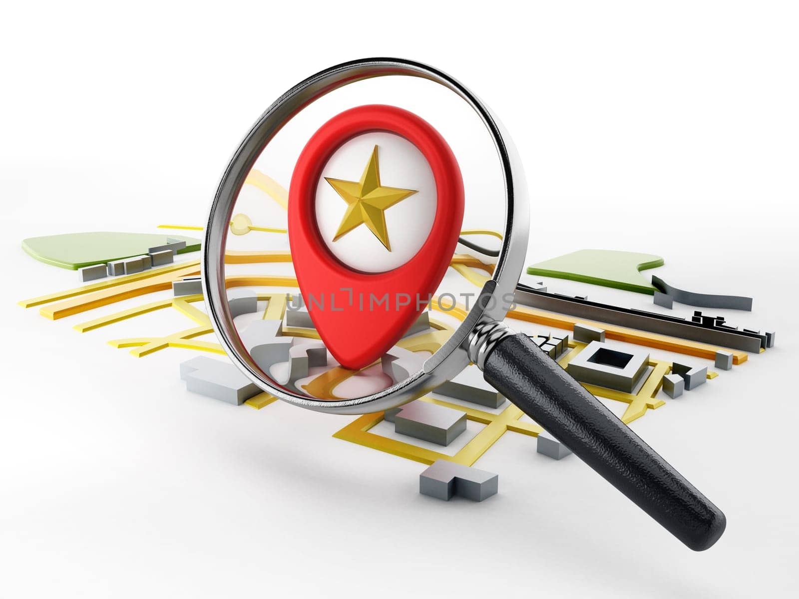 Magnifying glass on the red marker standing on navigation map.