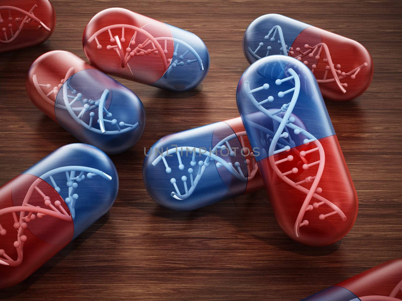 DNA helix inside pill capsules standing on wood surface.