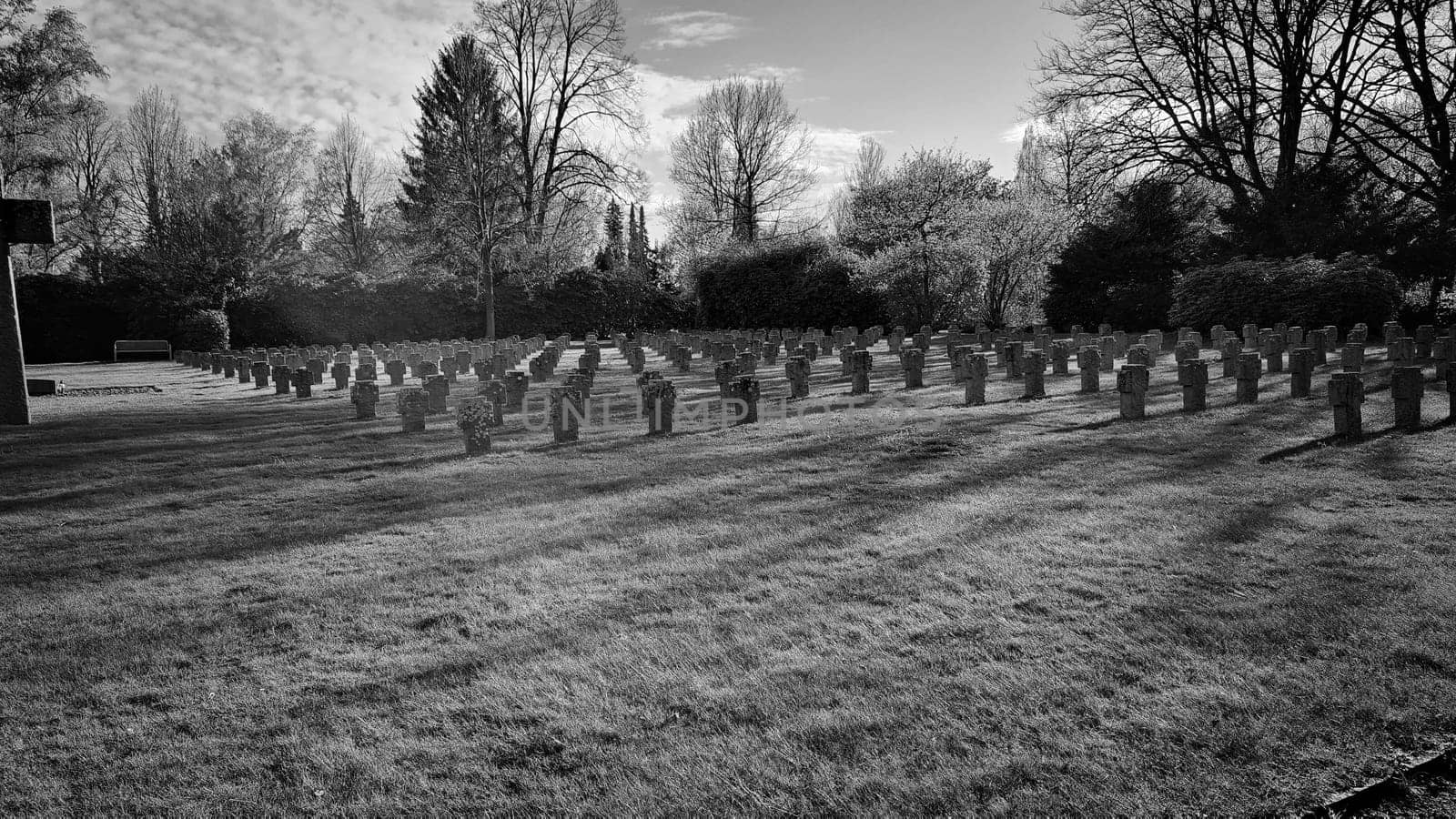 German military cemetery in Belgium. World War I military cemetery. Photo in black and white