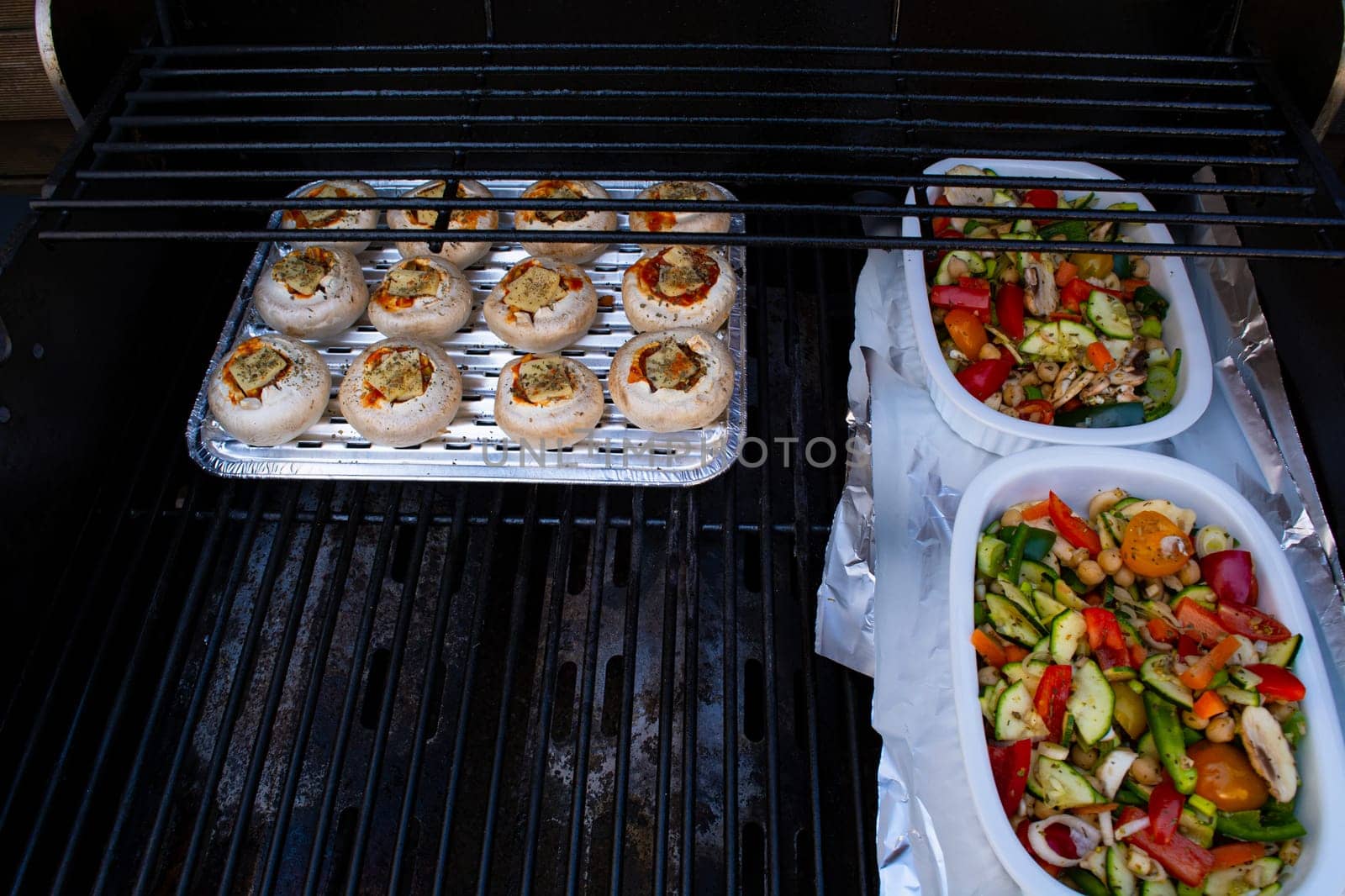 Grilled vegetables in a cast iron grilling pan, view from above