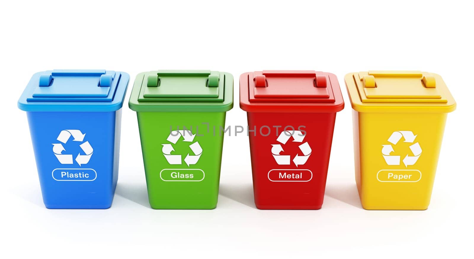 Plastic, glass, metal and paper recycle bins isolated on white background