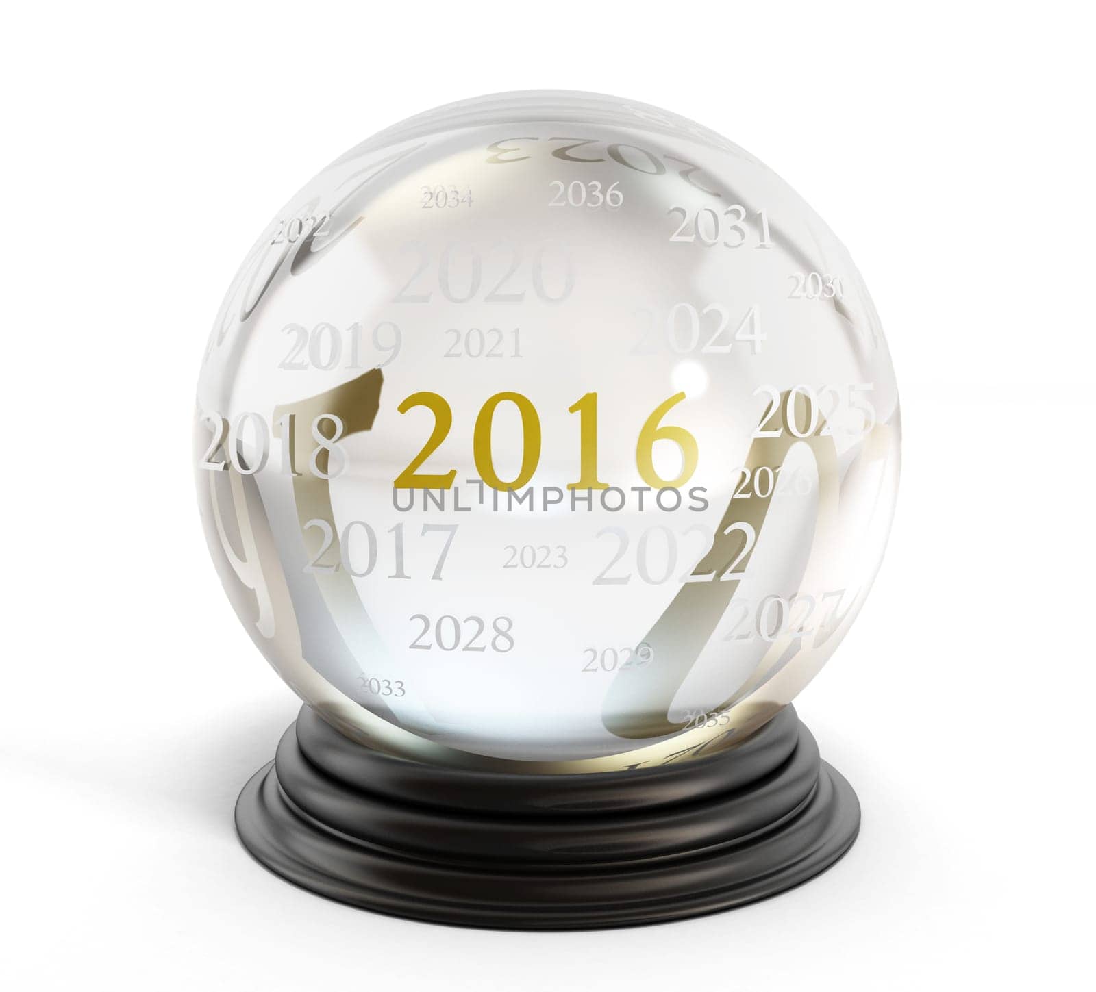 Crystal ball with number 2016 and smaller next years isolated on white background