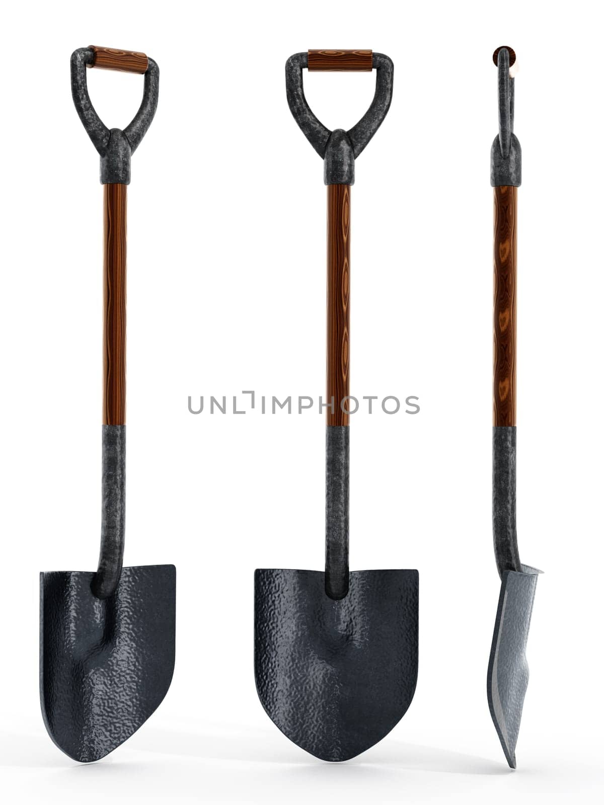 Shovel with three different angles isolated on white background