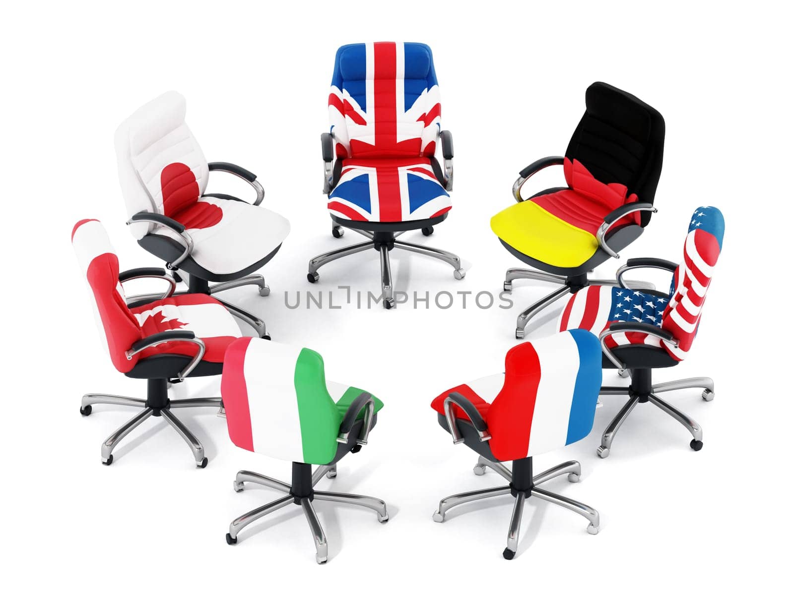 G7 country flags on office chairs isolated on white background