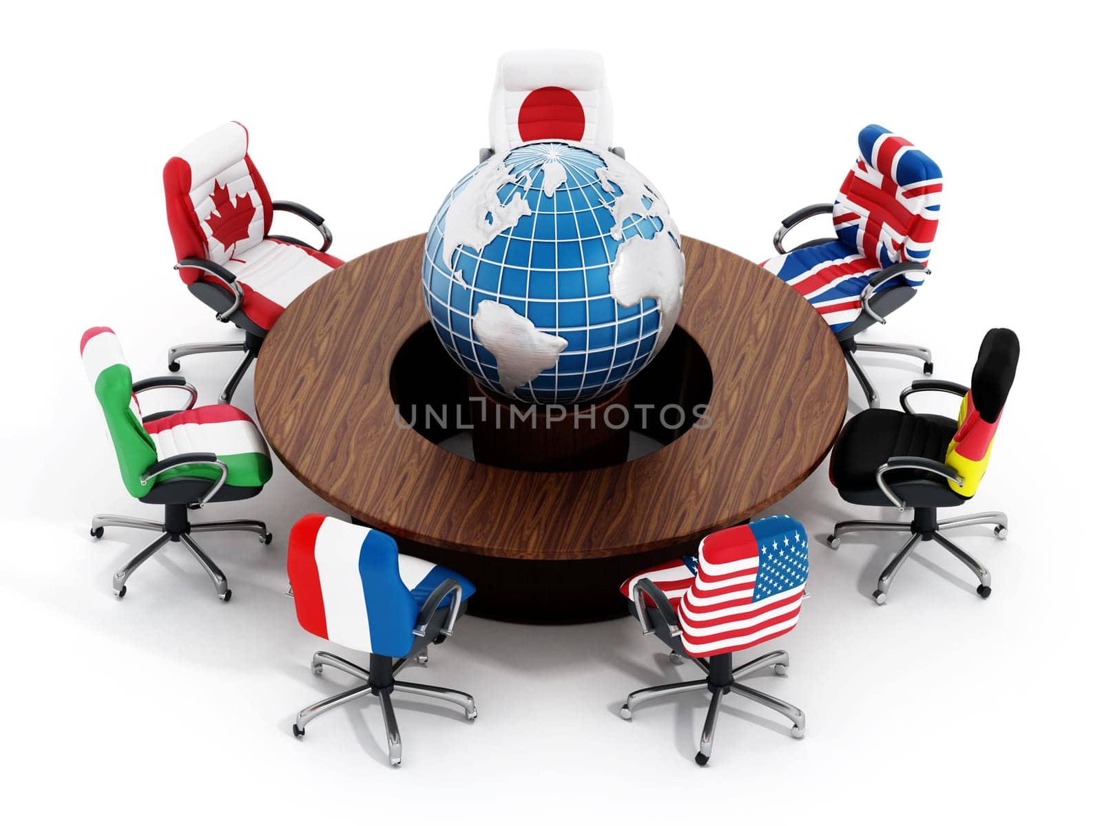 G7 country flags on office chairs around table wth globe isolated on white background