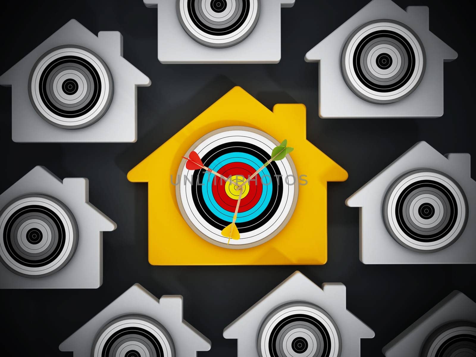 Target with arrows at the middle of of it standing on yellow house shape.