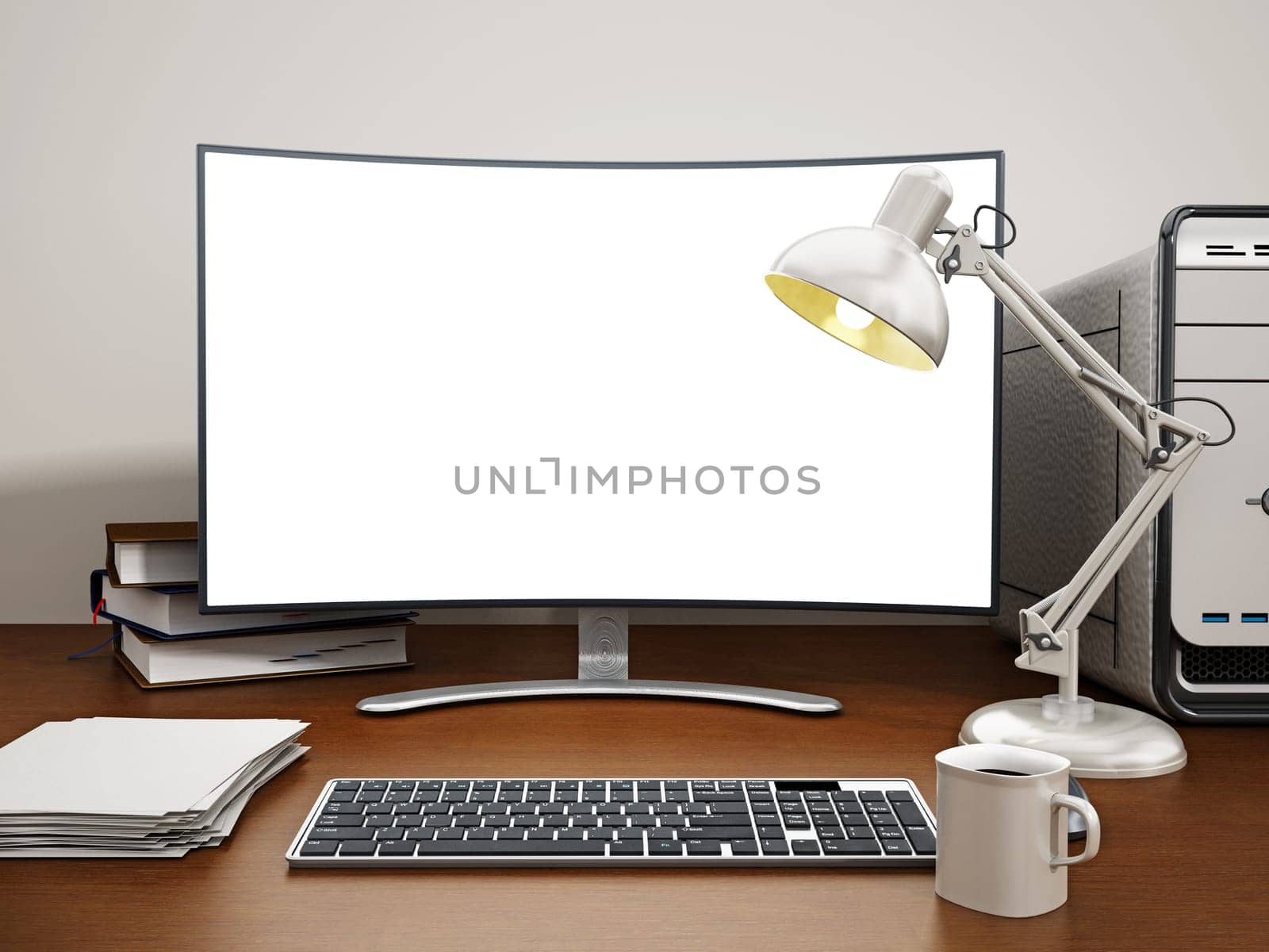 Desktop PC with blank screen standing on office desk.