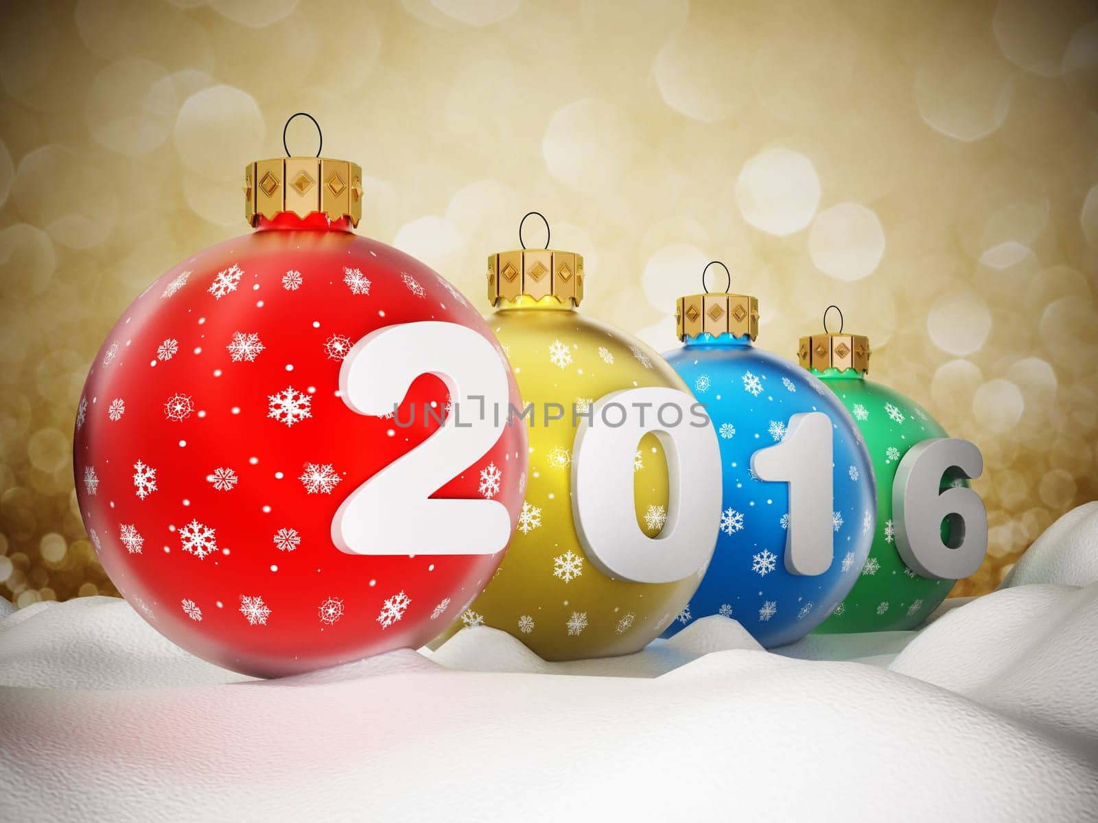 2016 text on multi colored christmas baubles standing on snow