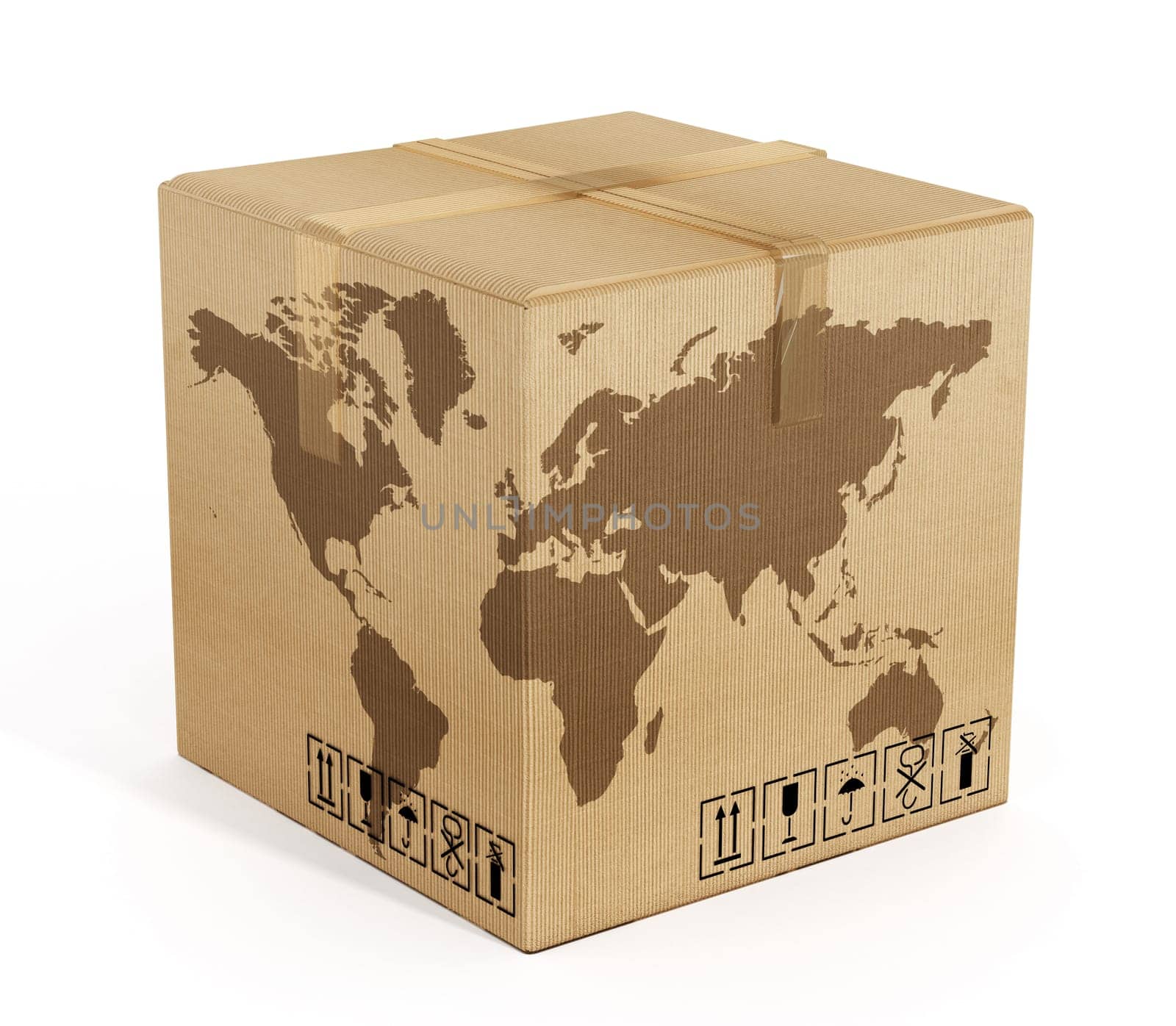 Earth map on cardboard box isolated on white background