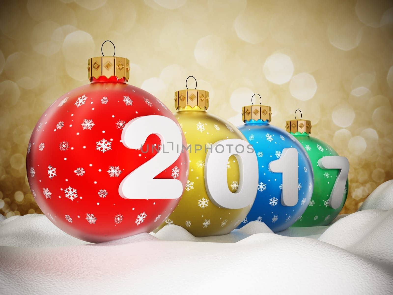 2017 text on multi colored christmas baubles standing on snow