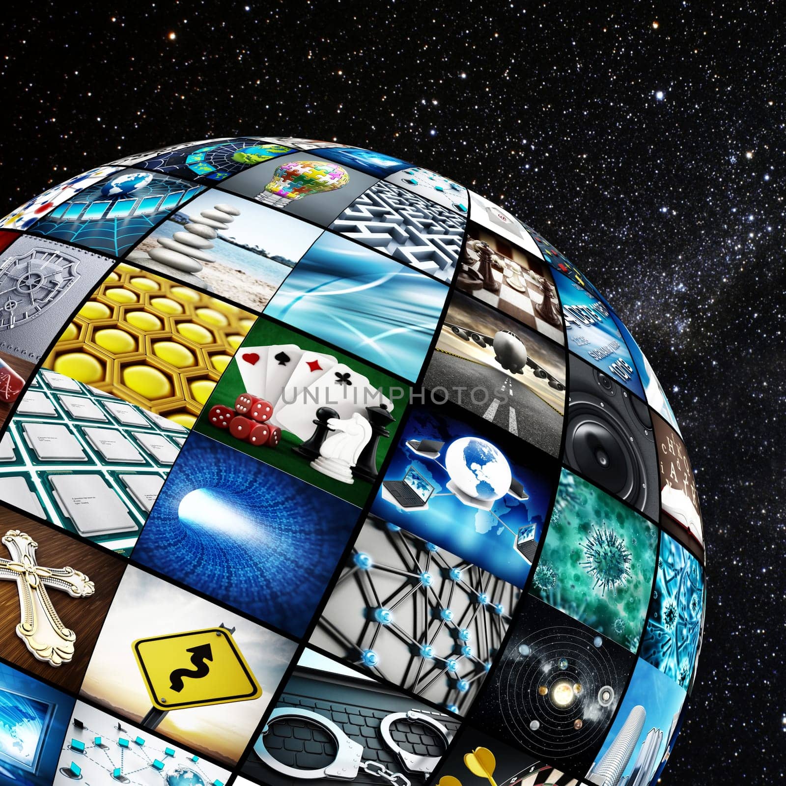 Globe covered with TV screens. Images are from my own portfolio