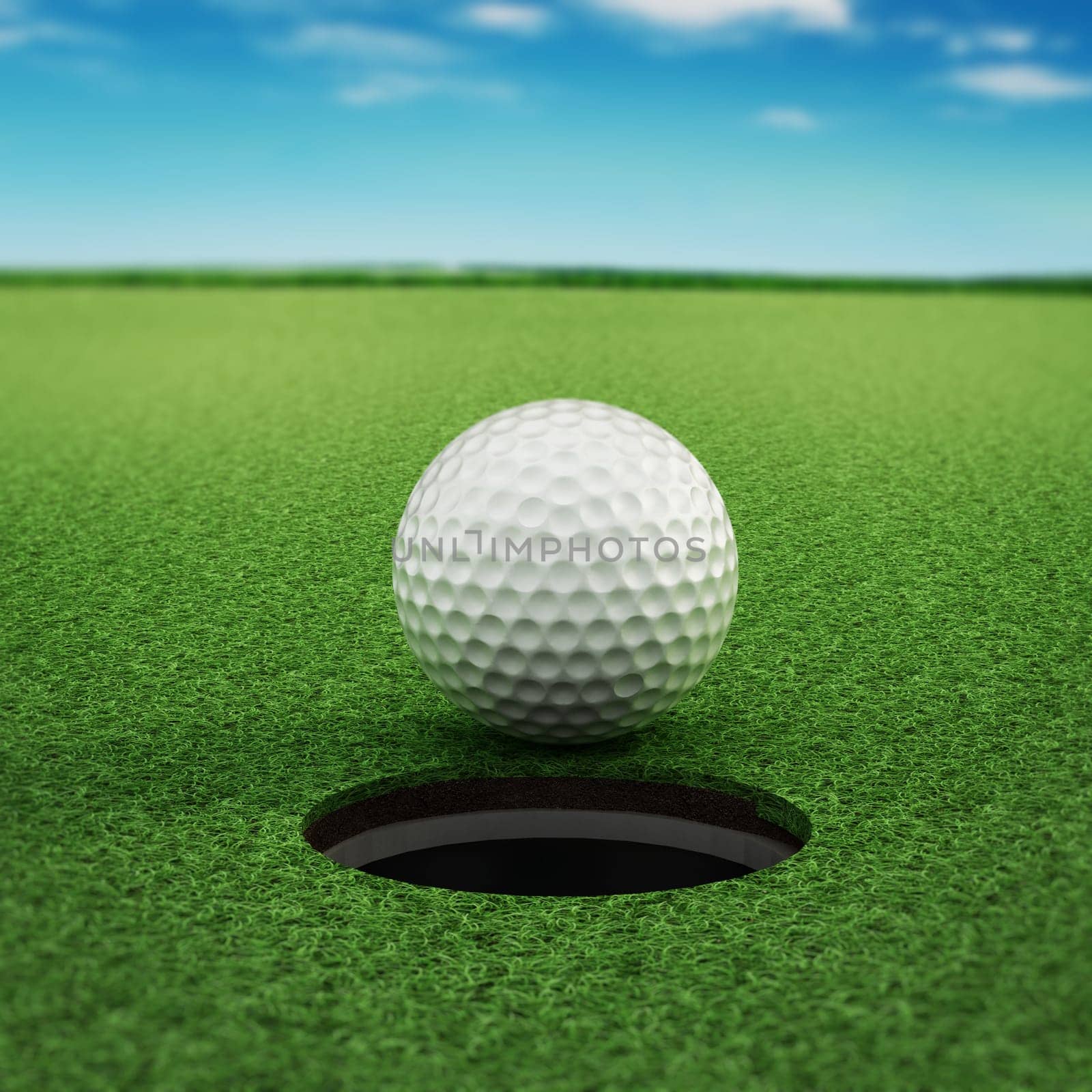 Golf ball standing near the hole on green grass