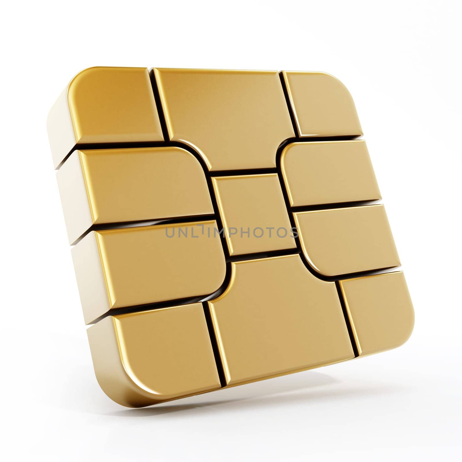 Gold sim card chip isolated on white background.