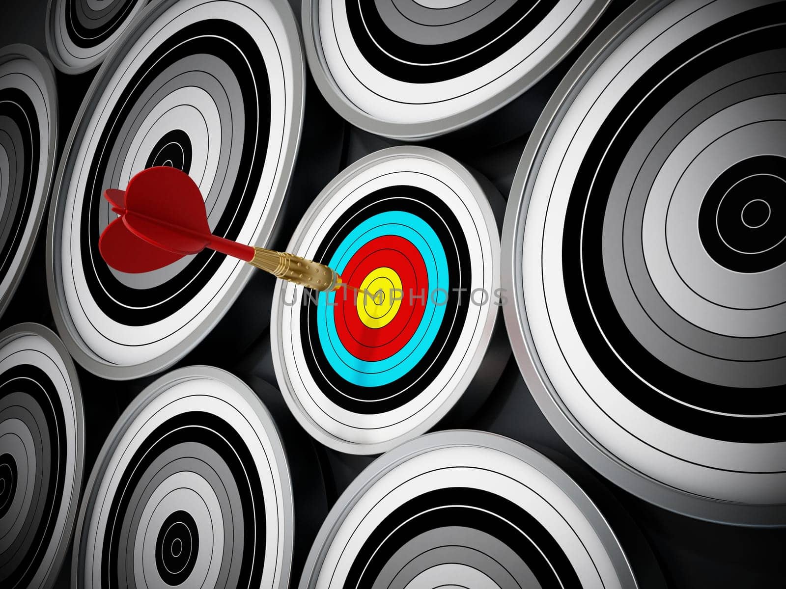 Red Dart hit right at the middle of the small target. Niche marketing concept which means concentrating all marketing efforts on a small but specific and well defined segment of the population