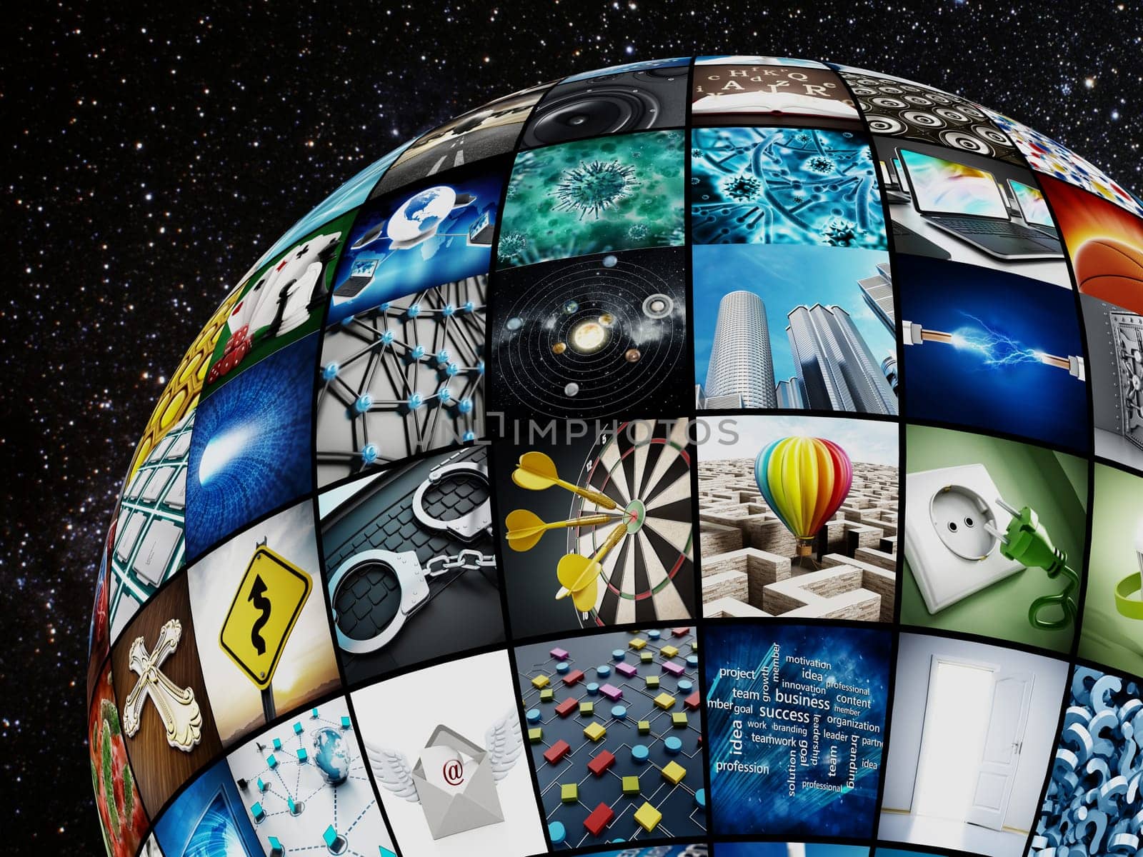 Globe covered with TV screens. Images are from my own portfolio