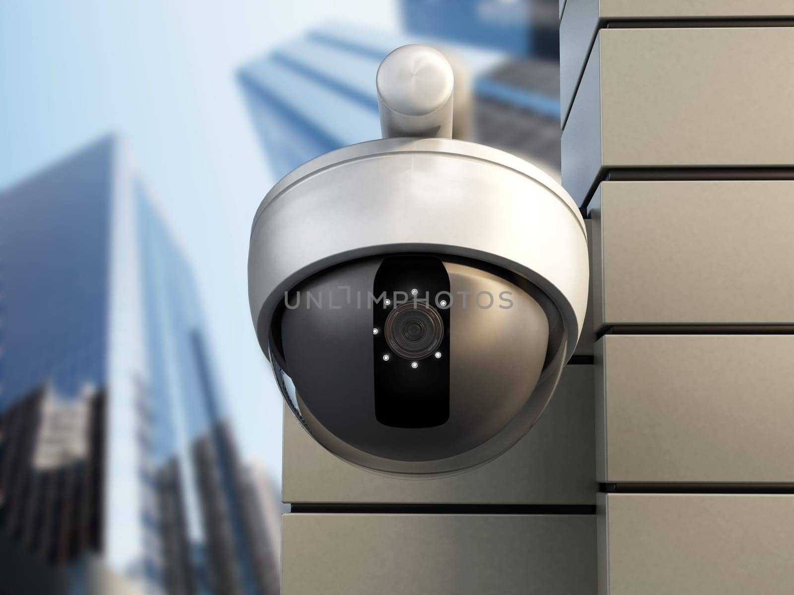 Dome camera hanging on the wall of office building.