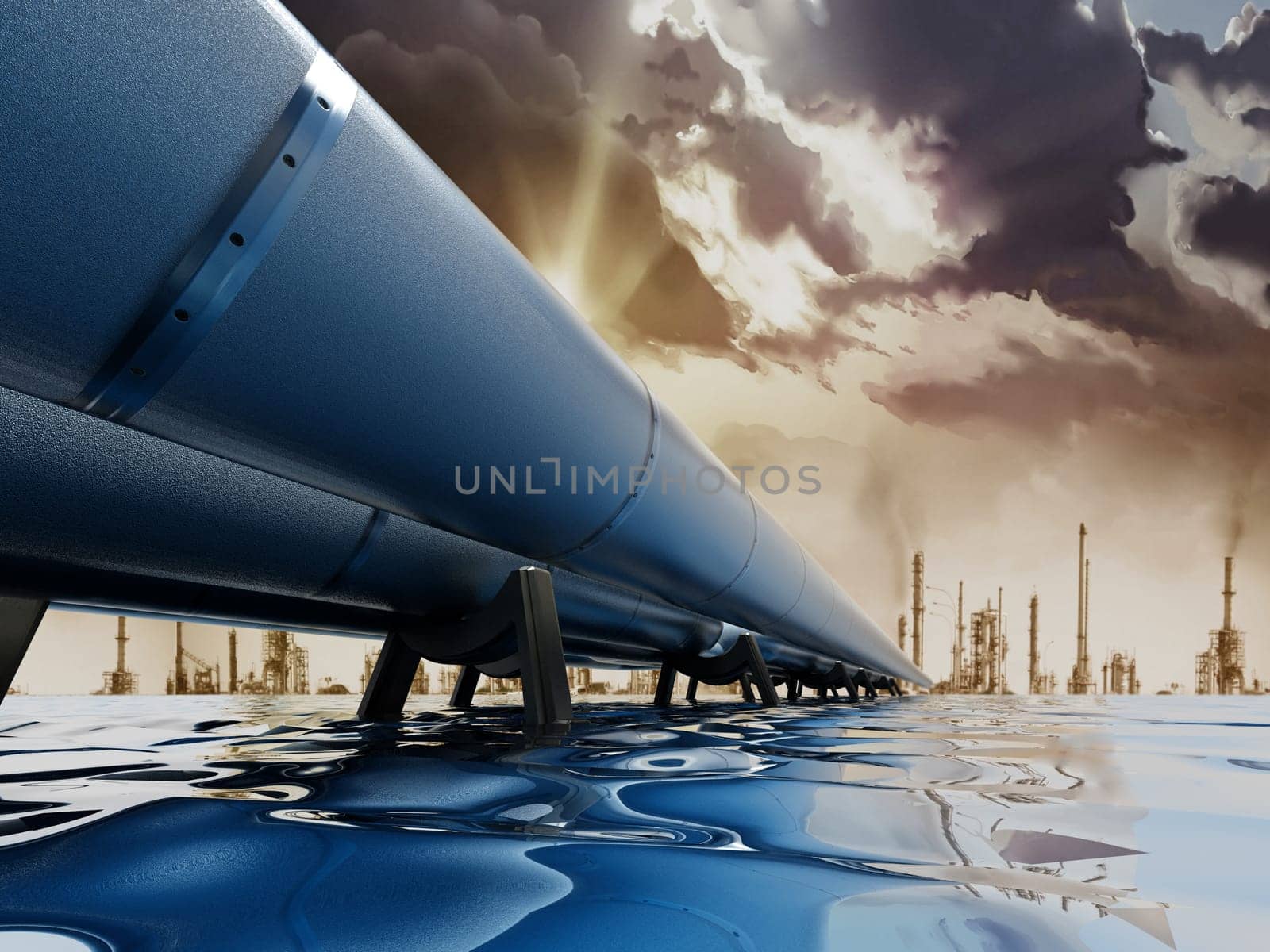 Oil pipeline passing through the sea leading to big city
