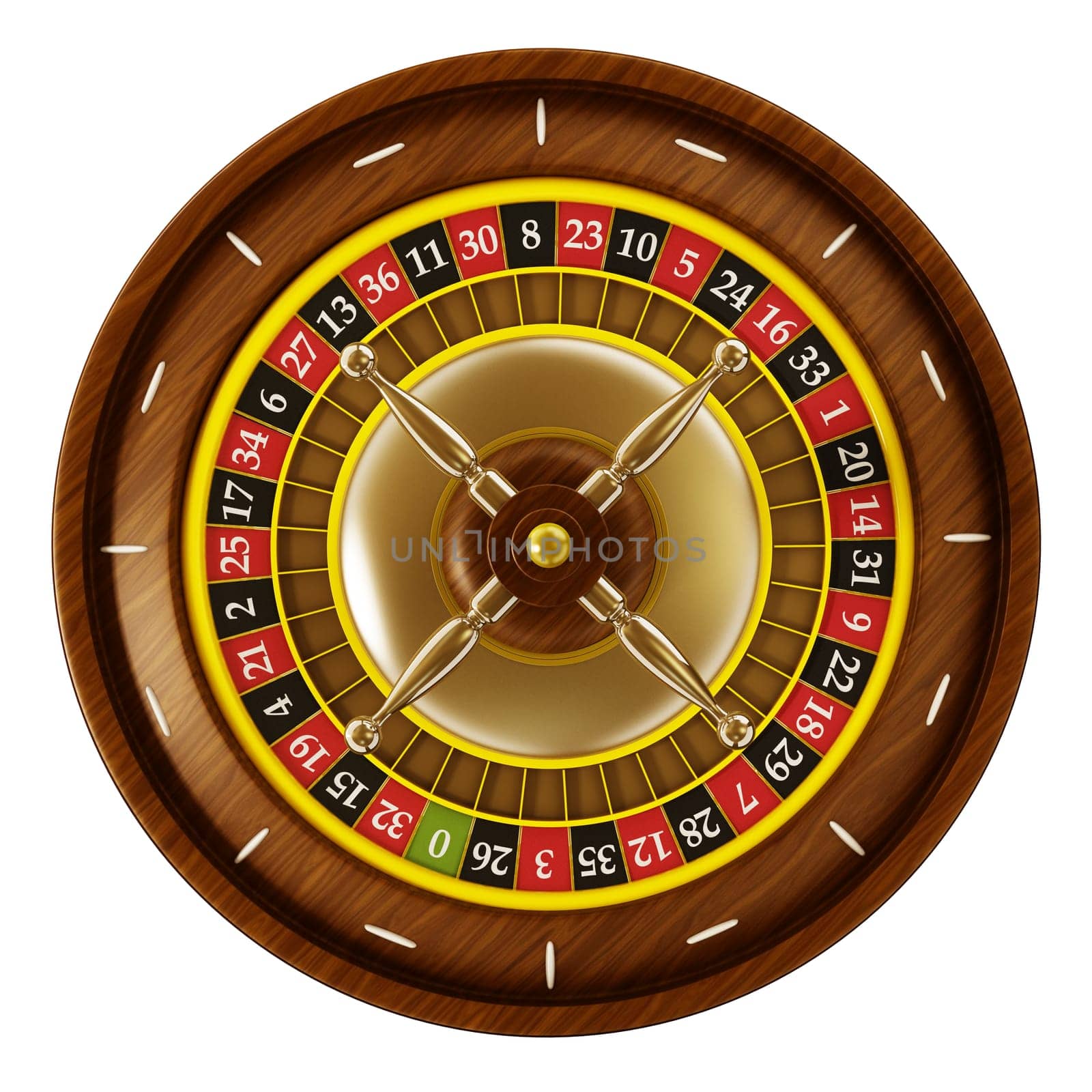 Casino roulette isolated on white background viewed from top angle.