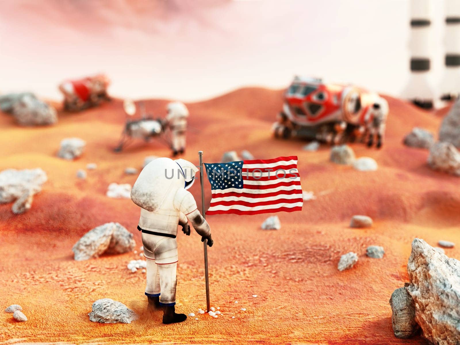 Fictitious scene including vehicles and astronauts depicts manned Mars mission