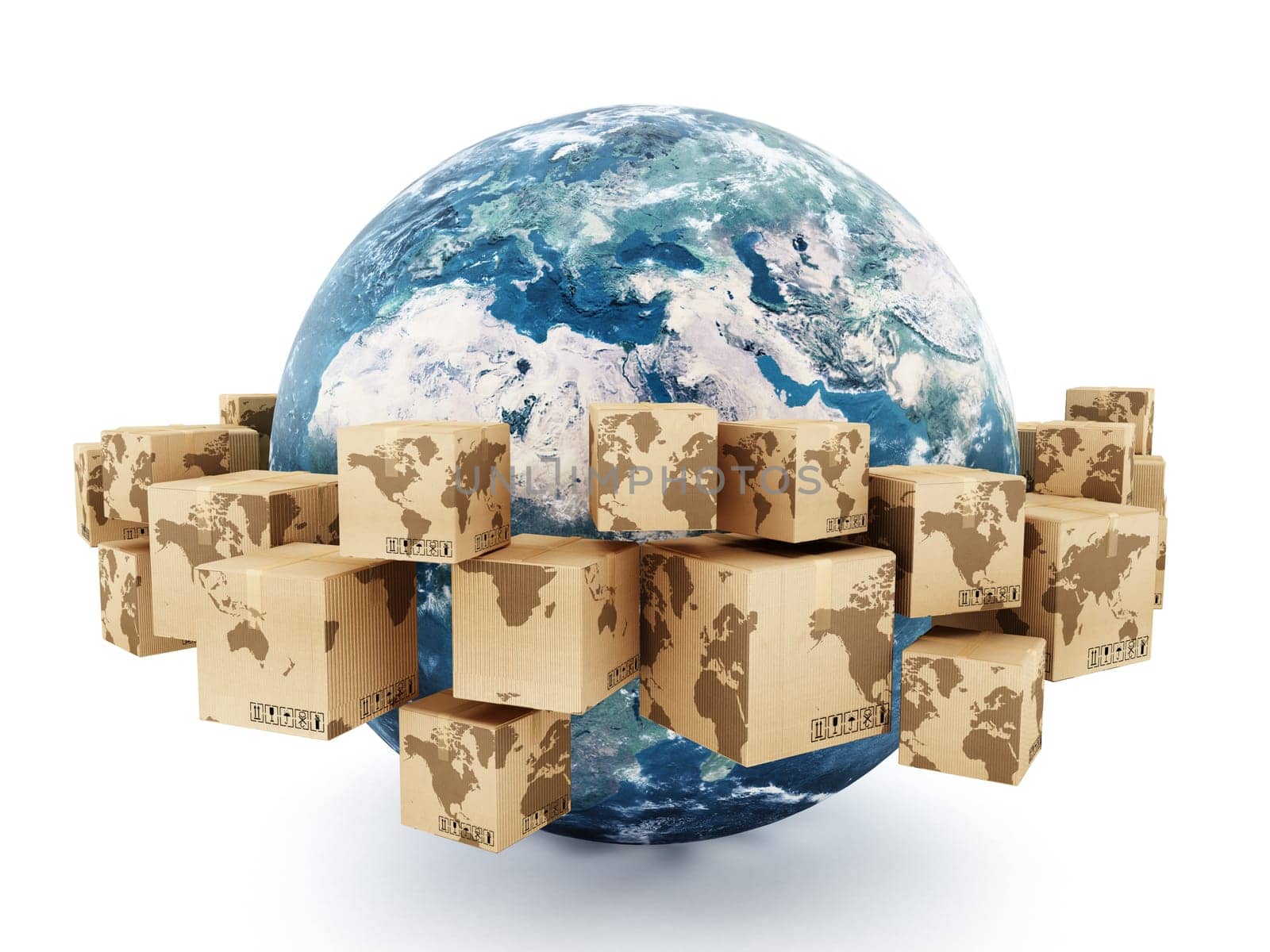 Cardboard boxes with earth map parts turning around the earth