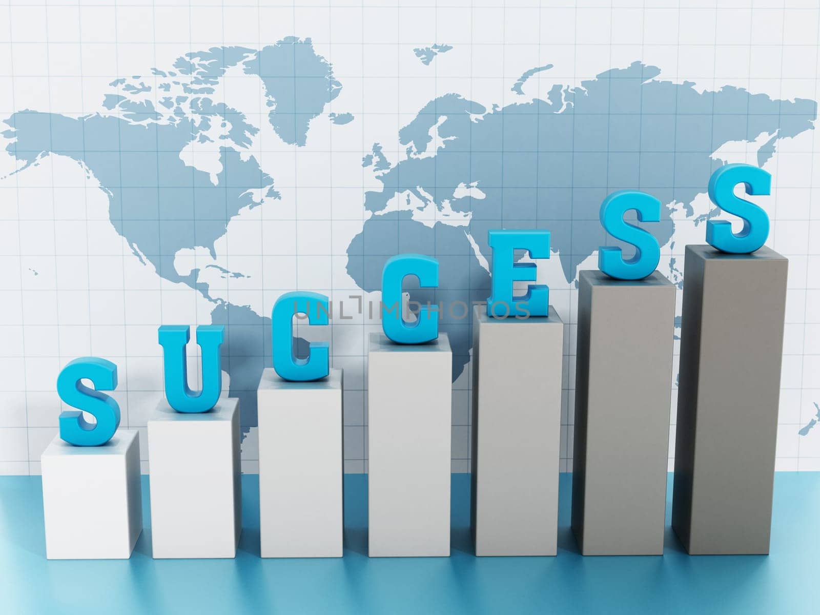 Success word on rising graph on world map background.