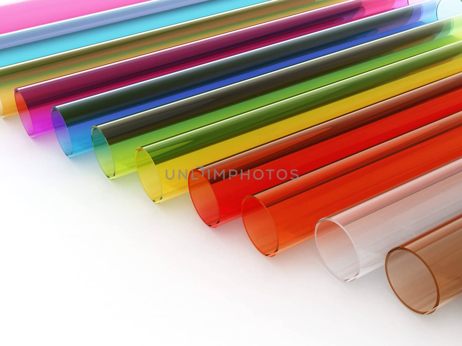 Multi colored acrylic tubes isolated on white background