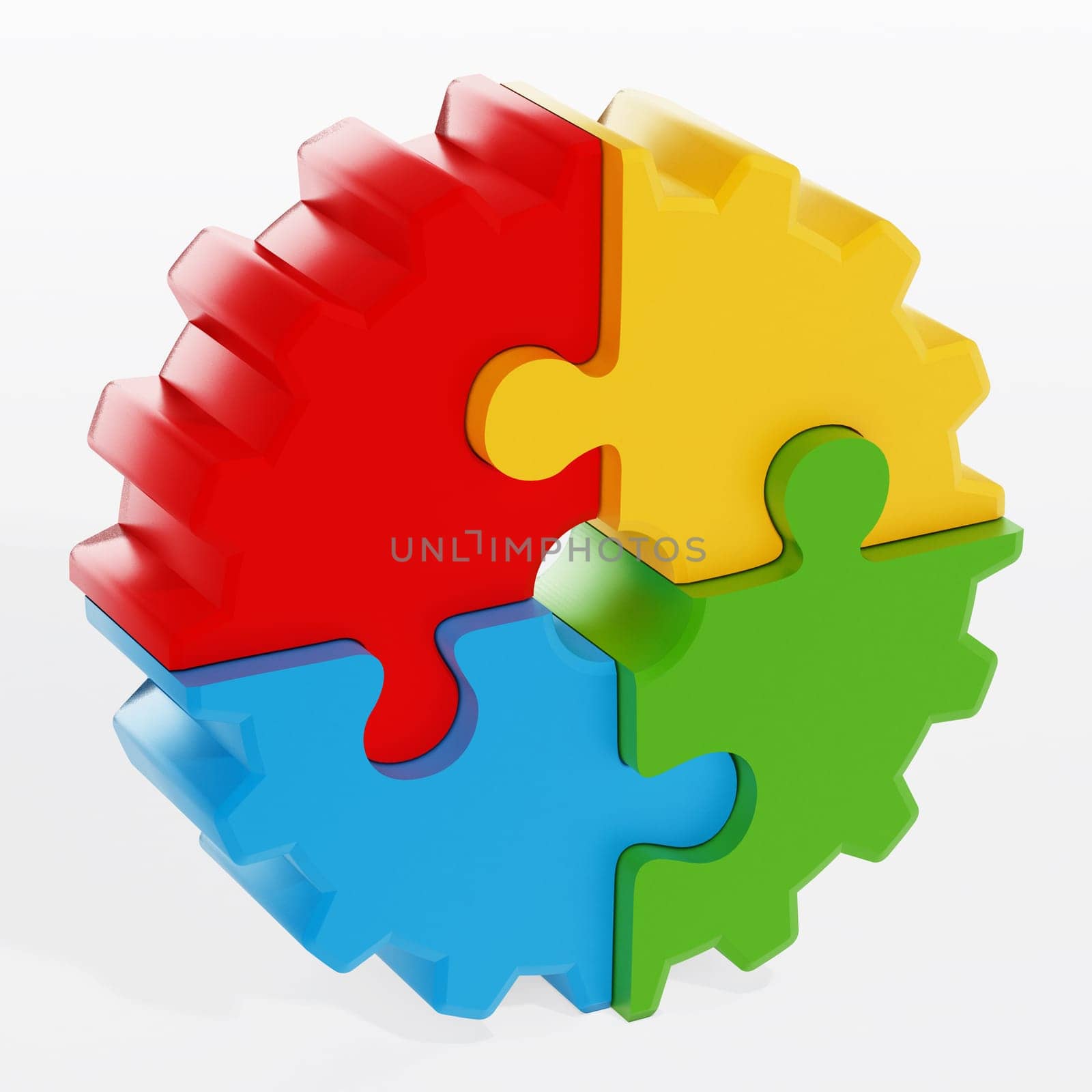 Multi colored gear consisting of puzzle parts isolated on white background