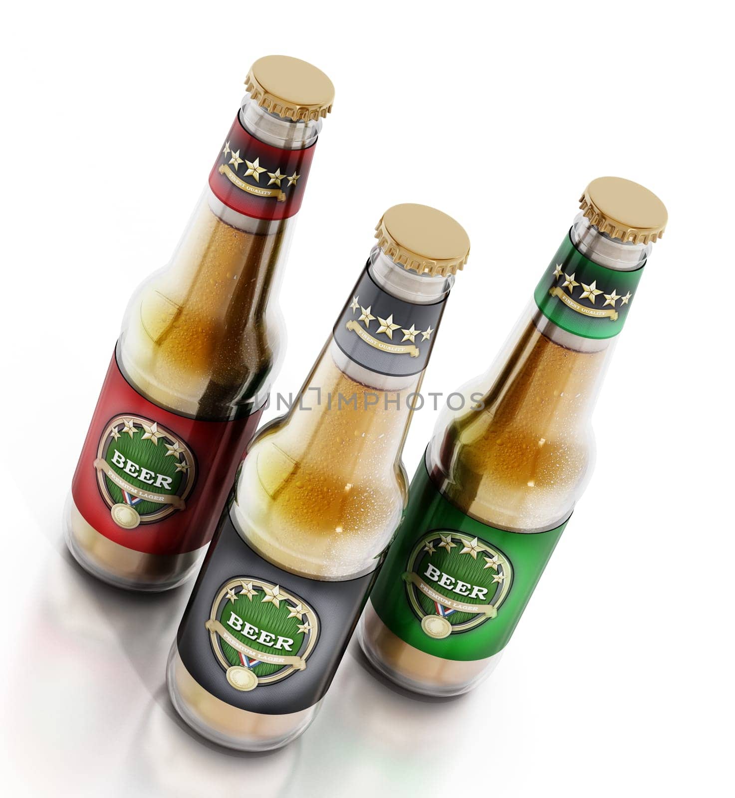 Beer bottles with three different labels isolated on white background