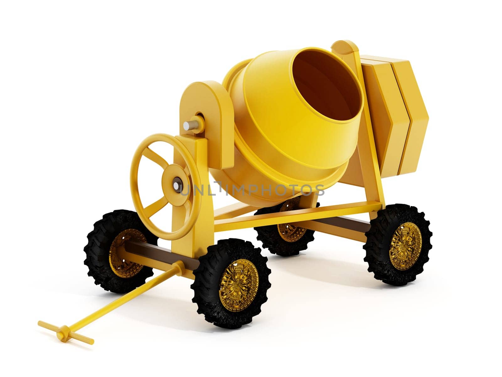 Yellow concrete mixer isolated on white background. 3D illustration.