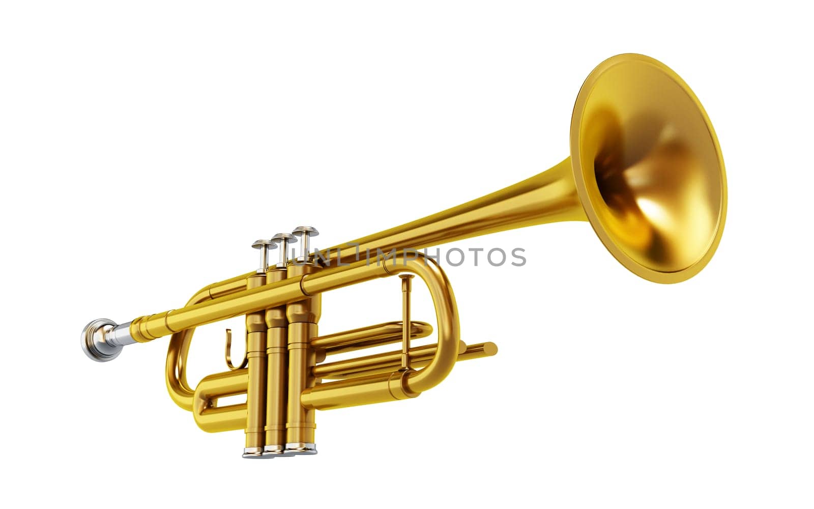 Brass shiny trombone isolated on white background.