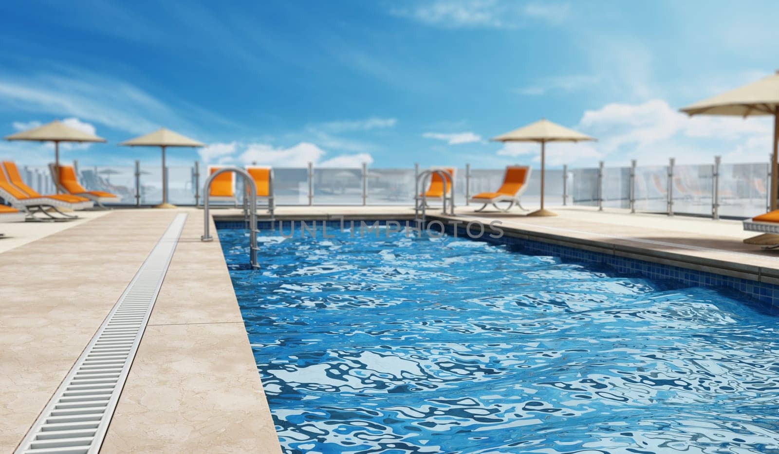 Swimming pool built on the rooftop of a building.