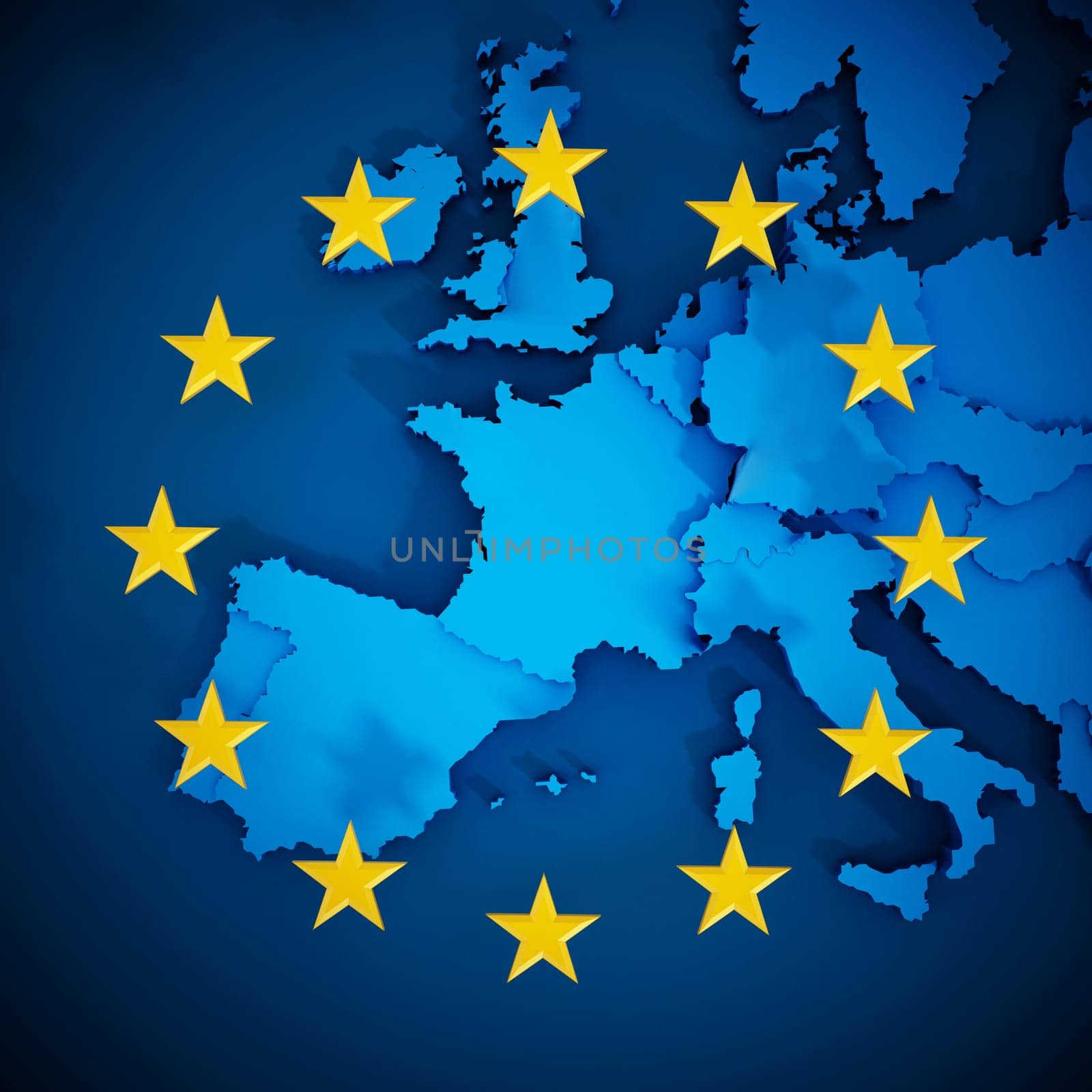 European Union map and aligned stars in circle shape forming a flag.