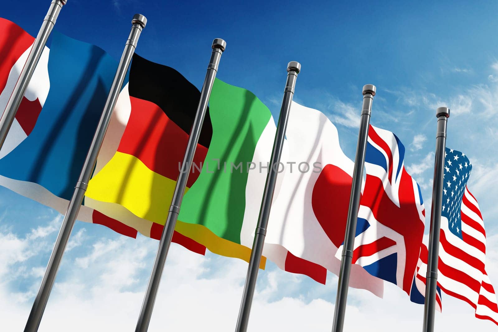 Waving G7 country flags on blue sky background