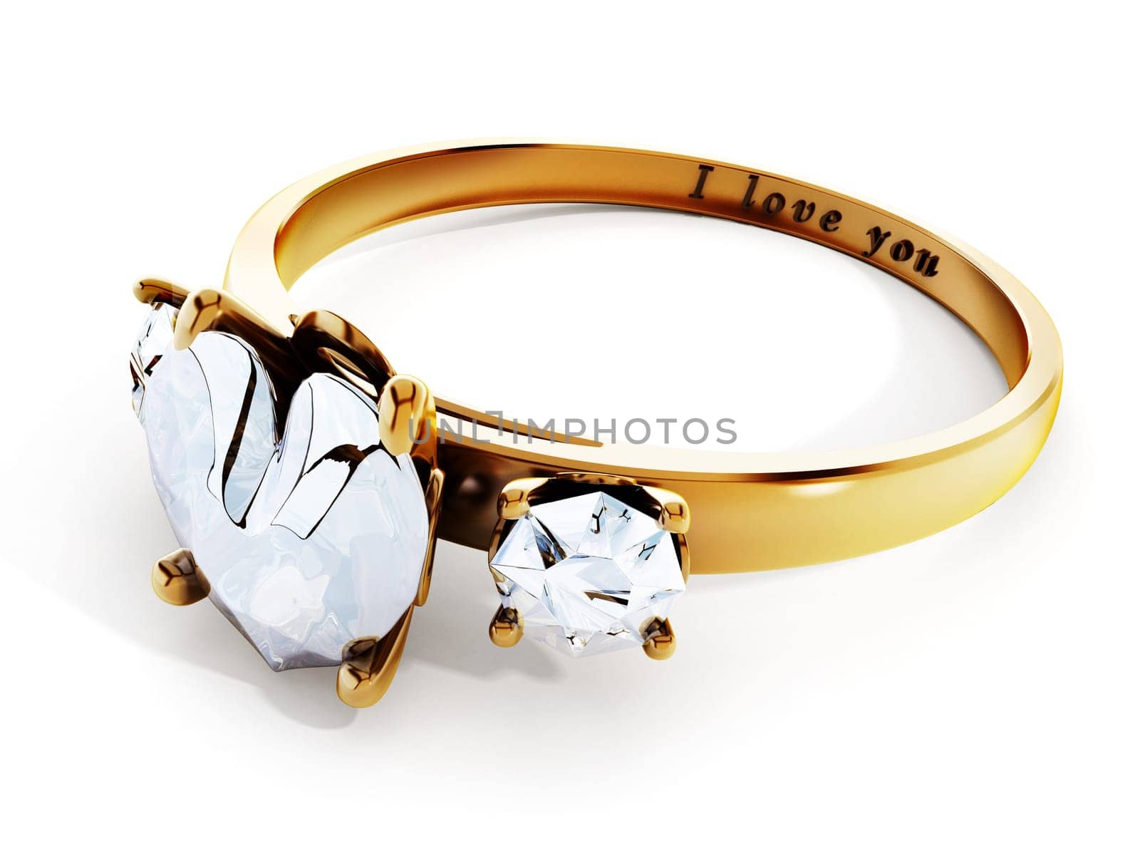 Golden wedding ring with heart shaped diamond and I love you text.