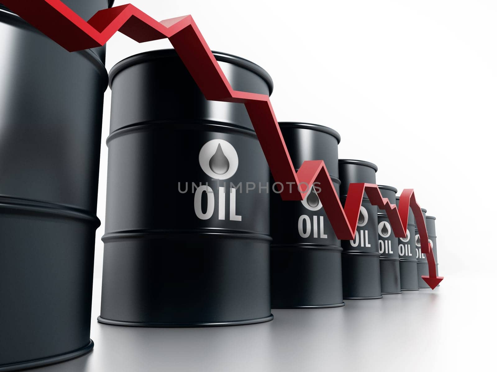 Black oil barrels with red arrow illustrating oil prices falling down