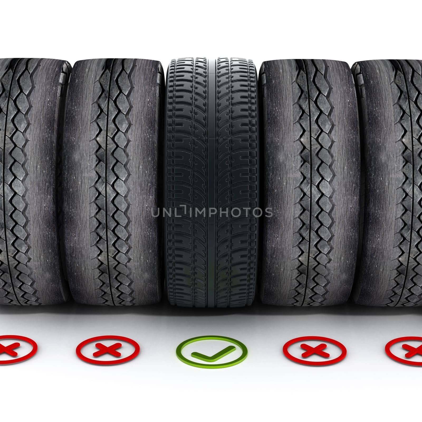 New car tire with green check mark standing out among old tires.