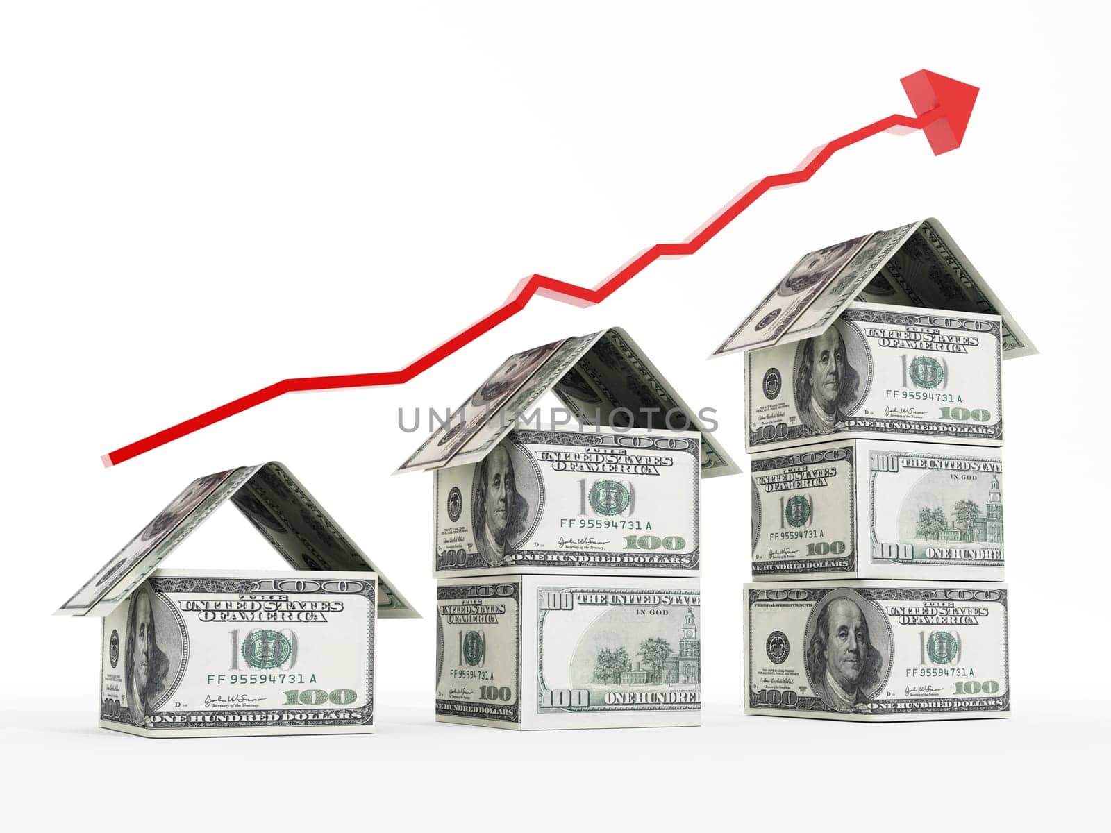 Rising red arrow above dollar shaped houses.