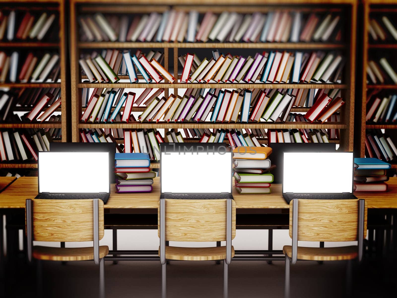 Laptop computers with blank screens standing on table inside a library.