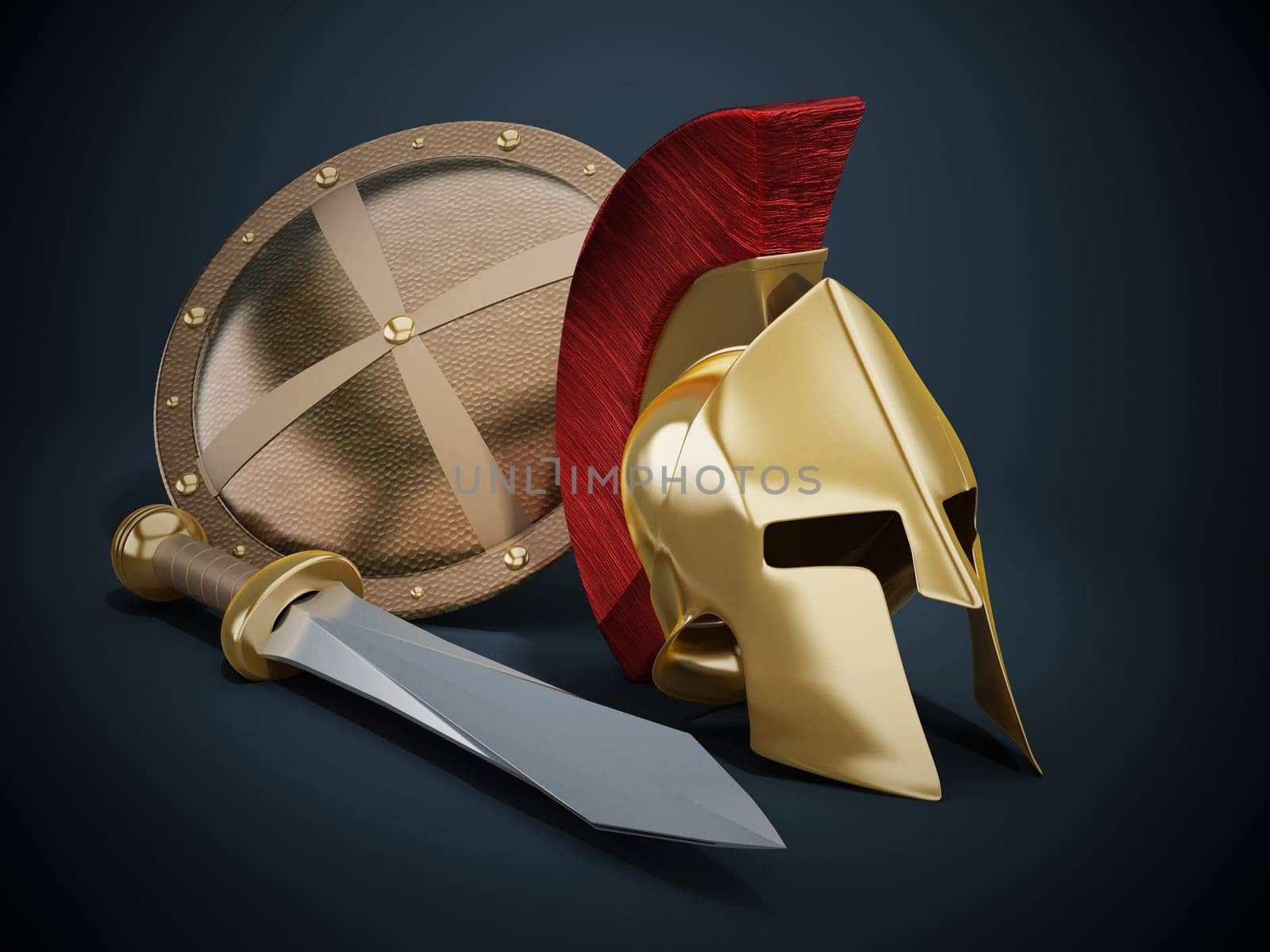 Ancient Greek helmet, shield and sword on black background